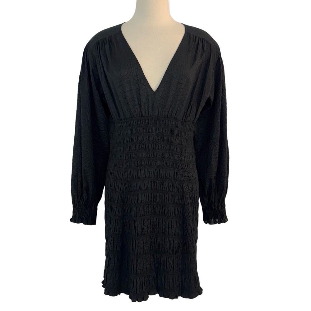 Frame V- Neck Smocked Mini Dress Billowing Puff Sleeve Black Size M